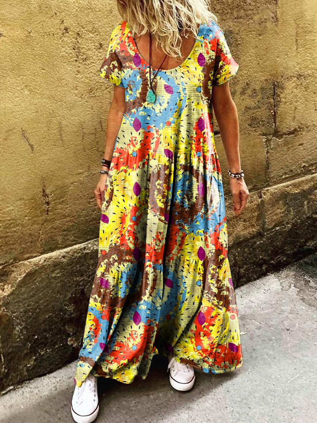 Women's Retro Colorful Geometric Art Print Pocket Short Sleeve Cotton