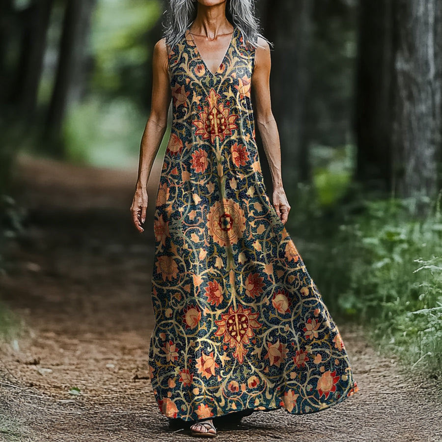 Women's Ethnic Totem Floral Art Pattern Print V-neck Sleeveless Pocket