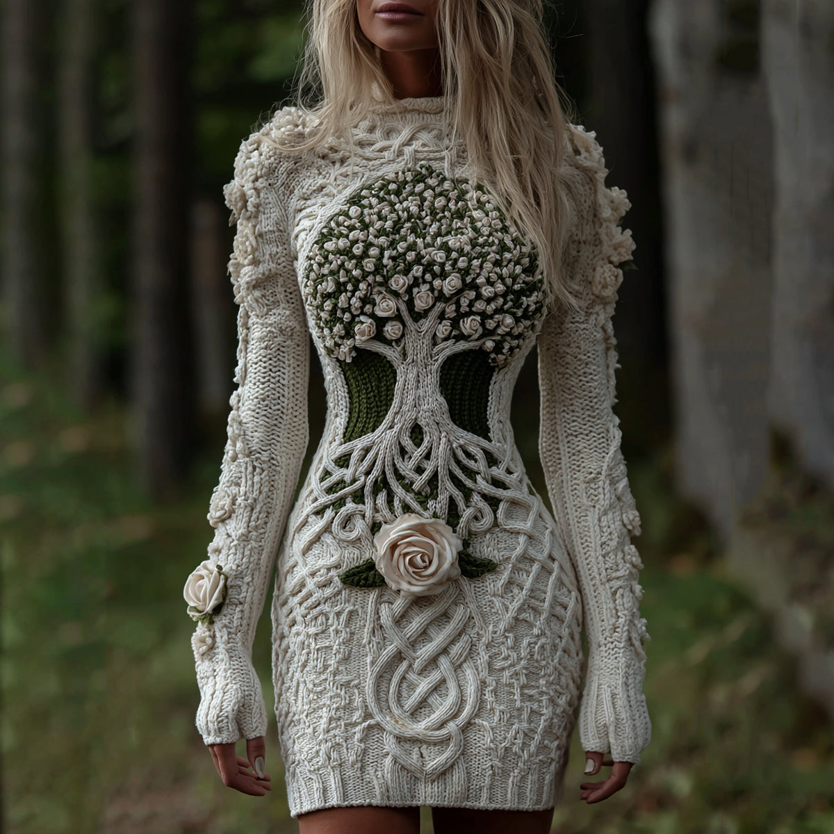 Women's Viking Celtic Knot With Tree Of Life Art Cozy Knit Mini Sweater Dress artswardrobe