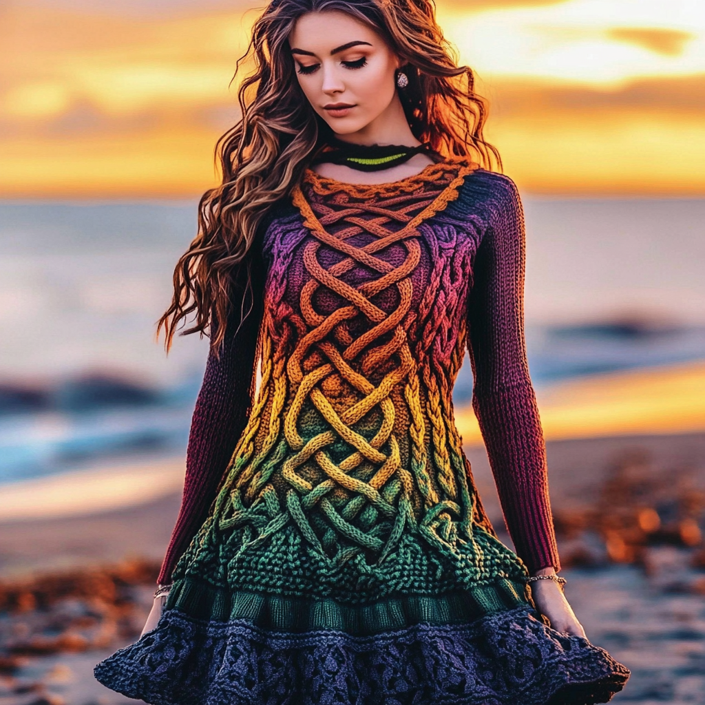 Women's Irish Rainbow Pattern Jacquard Comfortable Round Neck Swing Dress artswardrobe