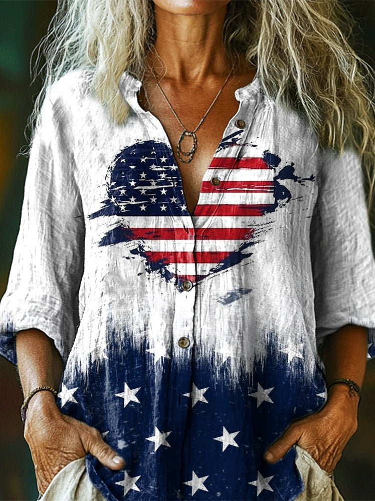 Women's Independence Day Heart Flag Print Casual Cotton Linen Shirt