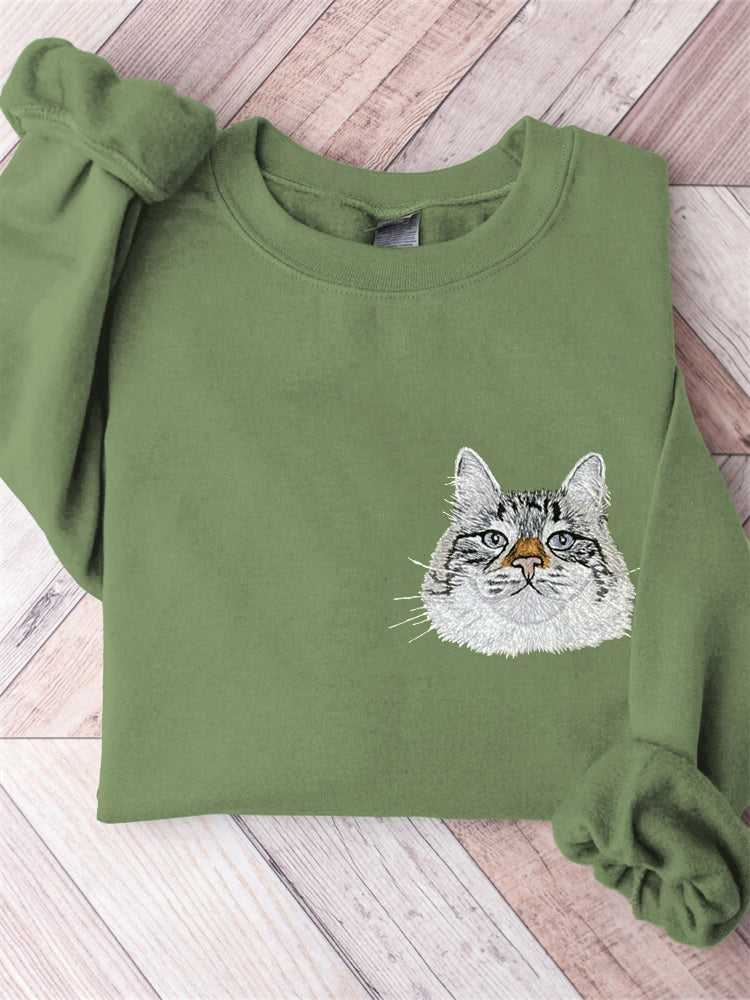 Cute Cat Head Embroidery Casual Sweatshirt elevenforest