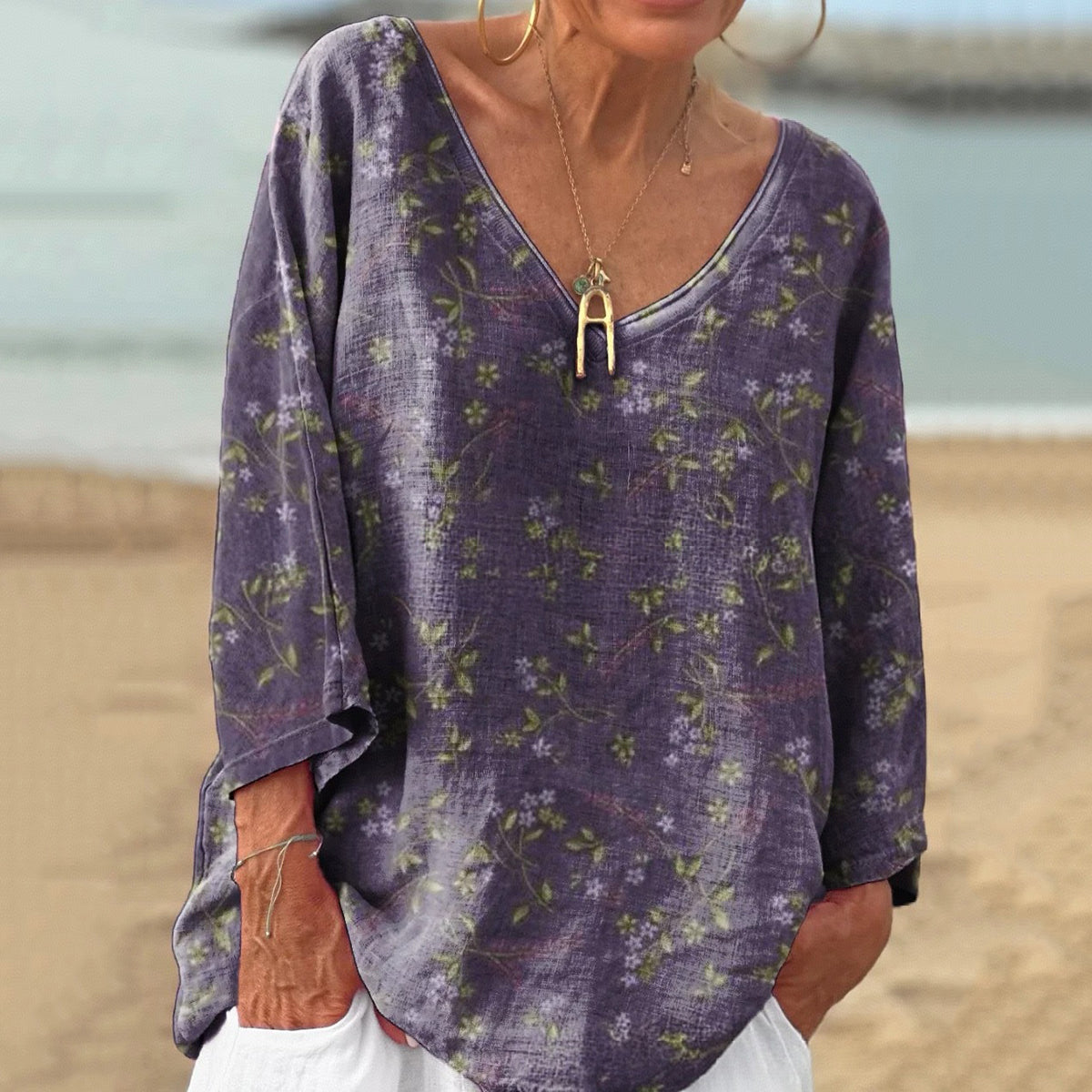 Vintage Floral Print V-neck Linen Blend T-shirt artswardrobe