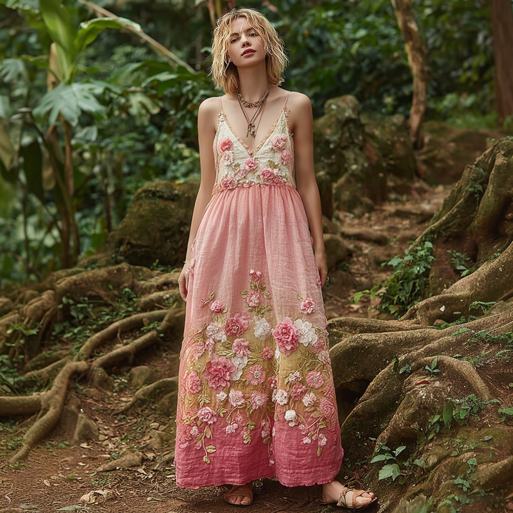 Pink Flowers Embroidered Vintage Linen Suspender Long Skirt artswardrobe