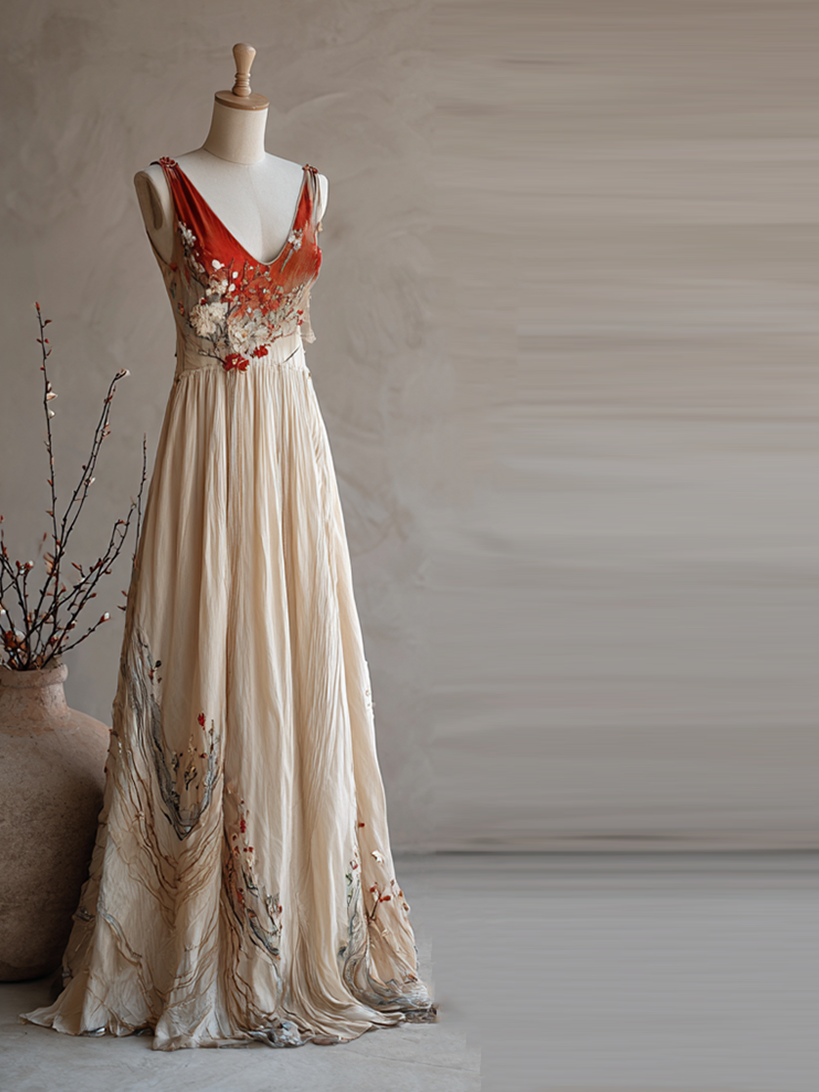 Comstylish Women's Vintage Cherry Blossom Embroidery Gradient Sleeveless Dress