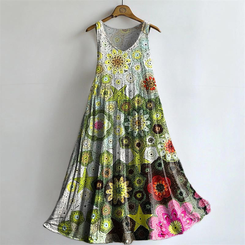 Women's Bohemian Floral Art Print Crew Neck Sleeveless Cotton Pocket D
