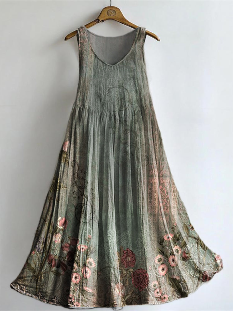 Women's Vintage Ethnic Floral Art Pattern Print Sleeveless Cotton Pock