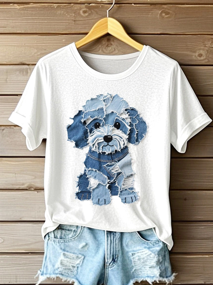 Women's Cute Dog Denim Patchwork Art T-shirt elevenforest