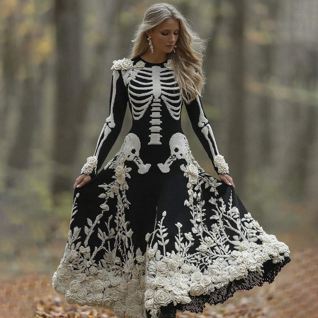 Comstylish Women's Retro Halloween Skeleton Bones With Rose Art Cozy Knitted Warm Long Sleeve Maxi Dress