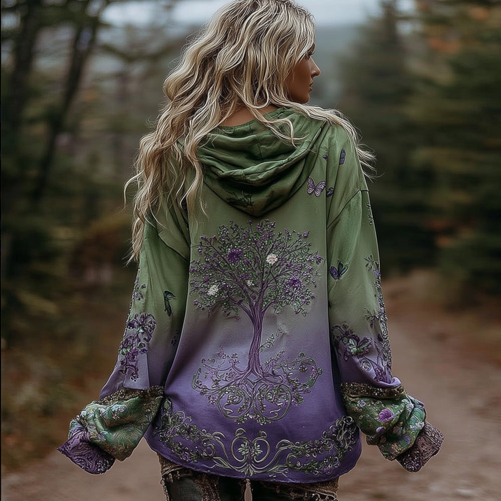 Women's Viking Tree Of Life Butterfly Embroidery Tie-dye Hoodie artswardrobe