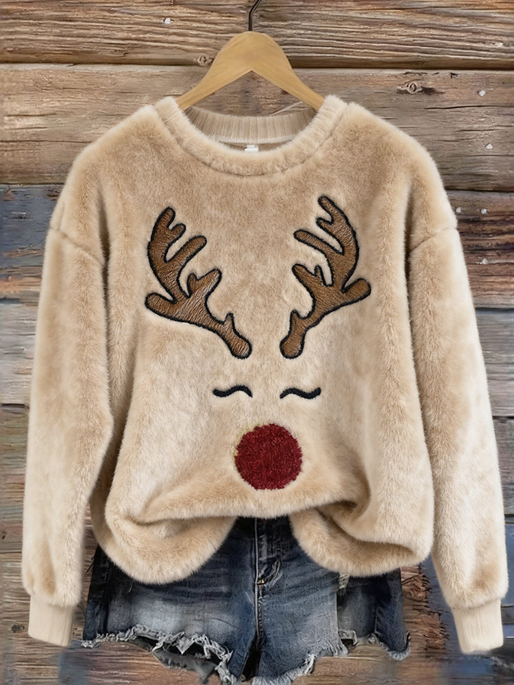 Comstylish Christmas Lovely Reindeer Face Embroidered Cozy Plush Sweatshirt