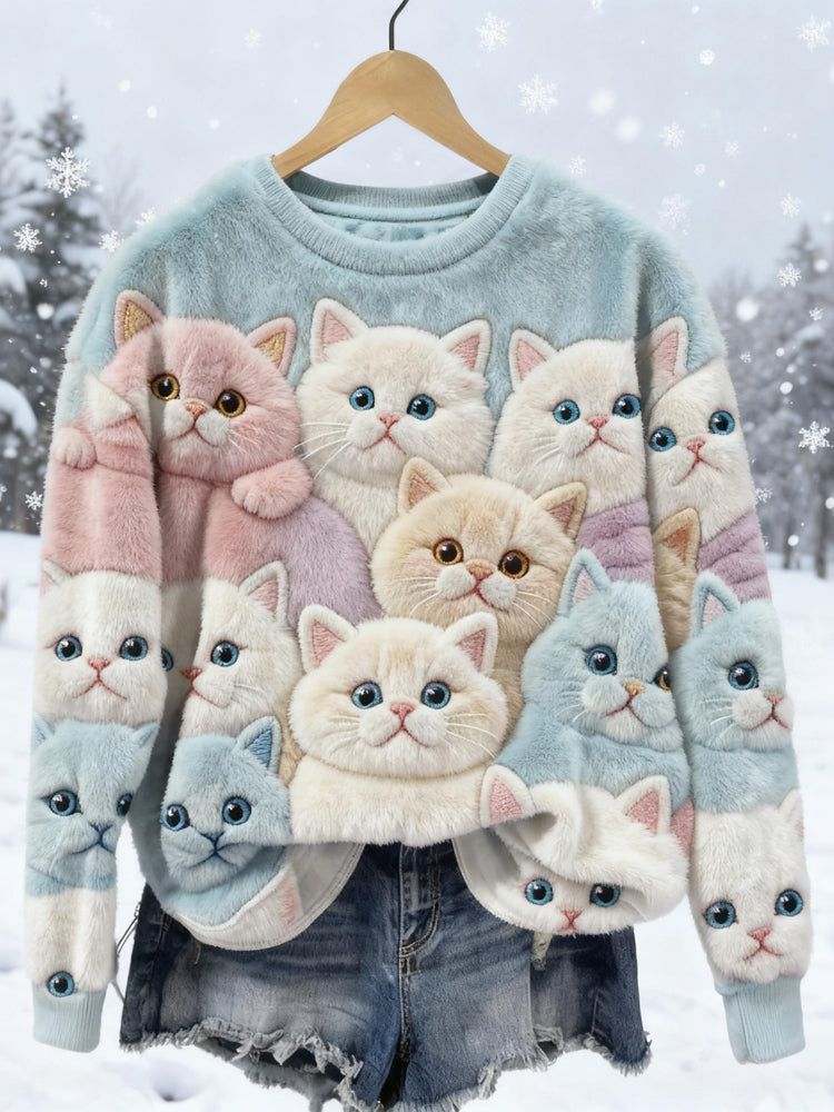 Comstylish Lovely Fuzzy Cats Embroidered Cozy Plush Sweatshirt