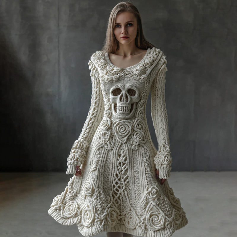 Comstylish Vintage White Roses Skull Cozy Knit Sweater Dress