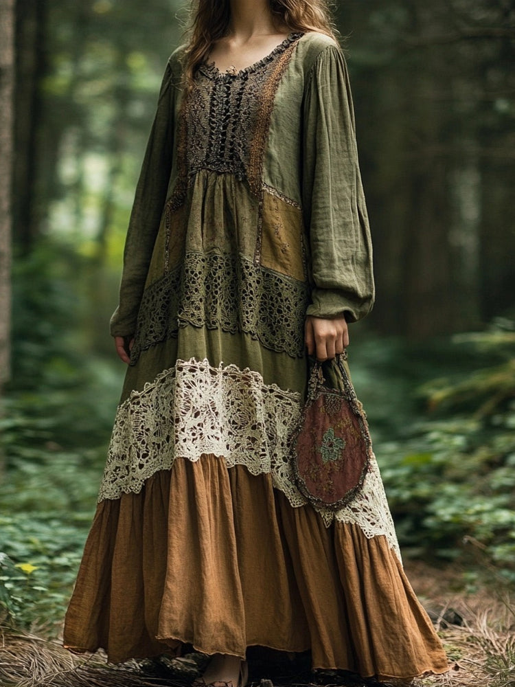 Vintage Lace Patchwork Flowy Linen Maxi Dress artswardrobe