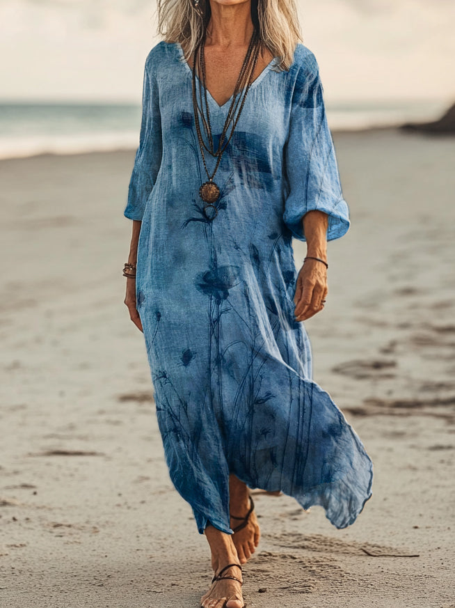 Women's Vintage Floral Art Print Pocket Cotton Dress