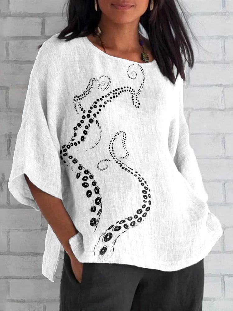 Comstylish Octopus Tentacle Pattern Linen Blend Cozy Tunic