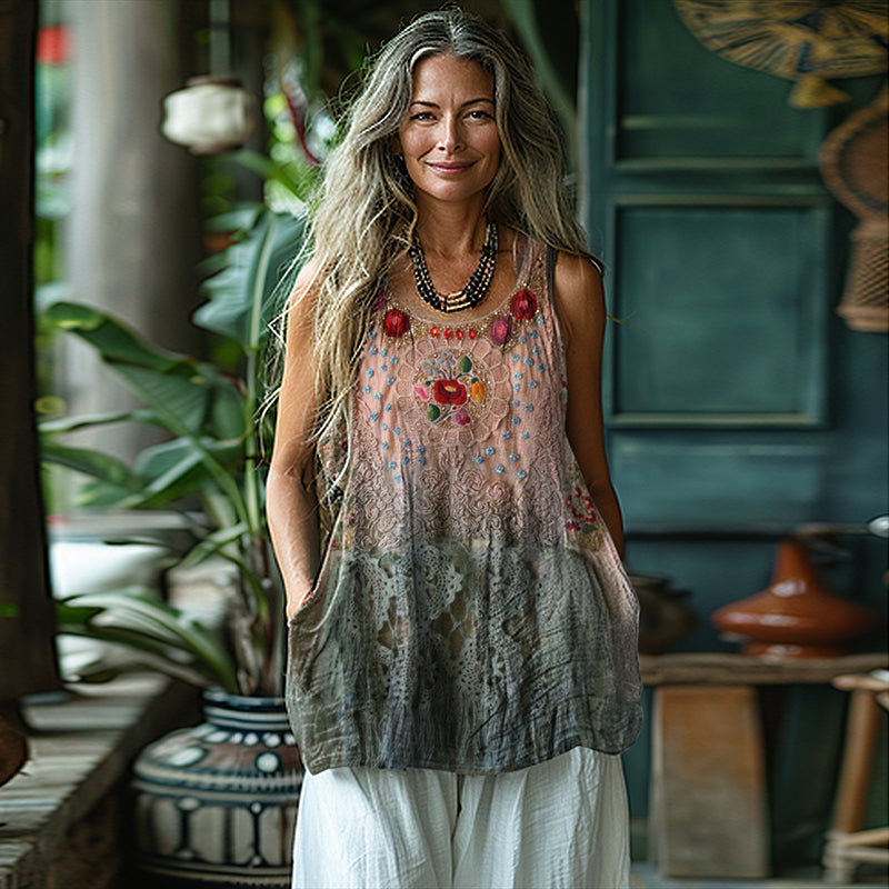 Vintage Floral Print Linen Blend Sleeveless Tank Top artswardrobe