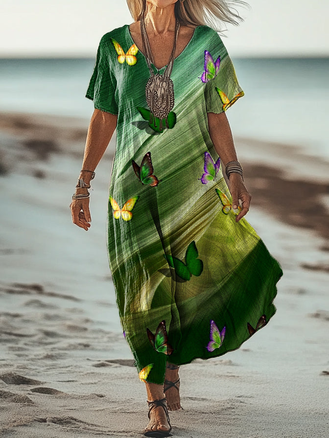 Women's Vintage Butterfly Art Print Pocket Cotton Dress