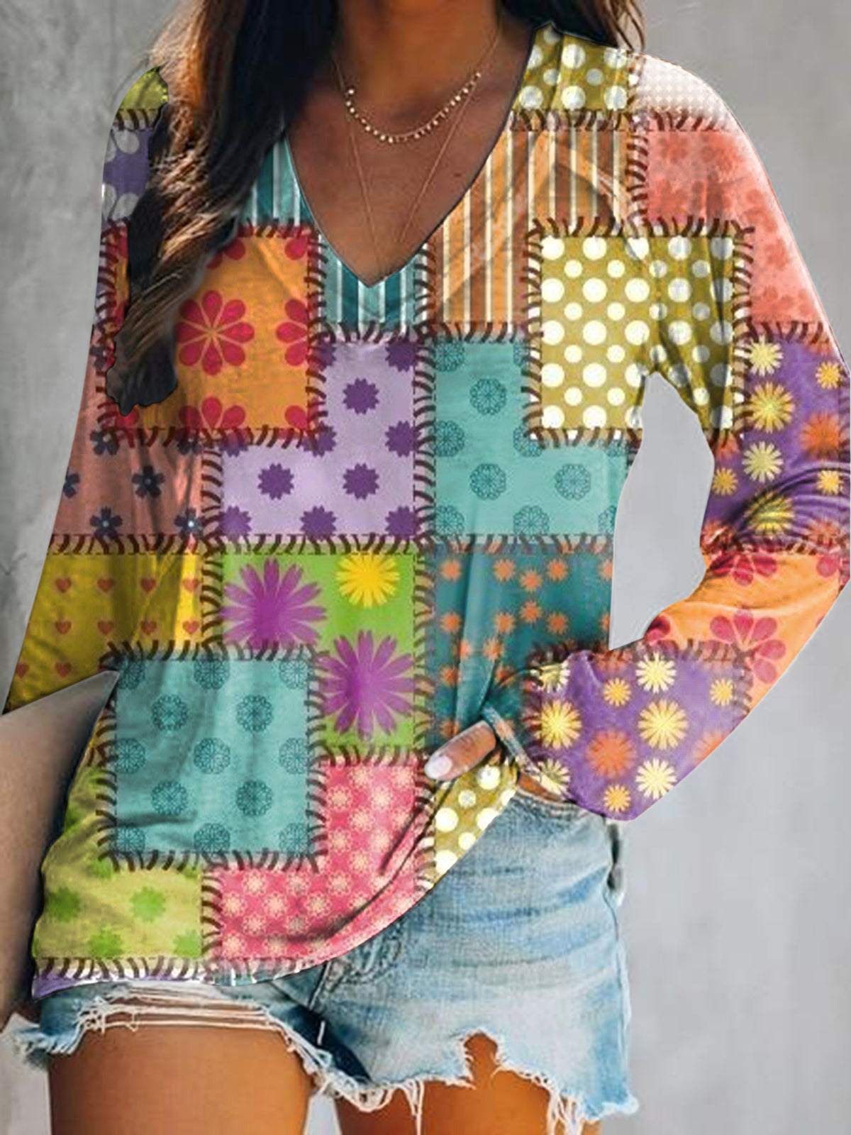 Women's Casual Vintage Floral Patchwork Art Print V Neck Long Sleeve T