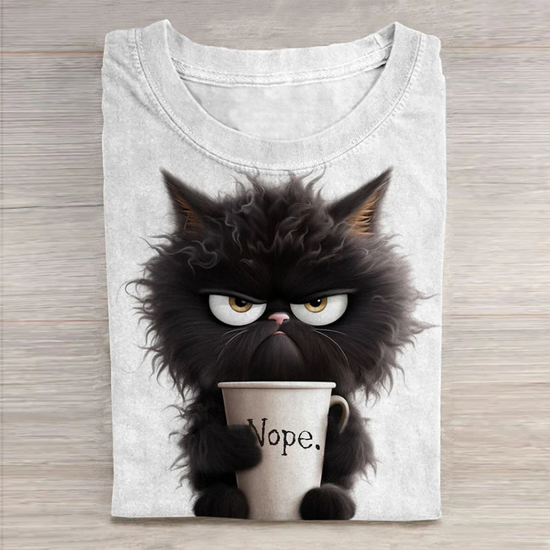 Funny Cat Art Print Round Neck T-Shirt elevenforest