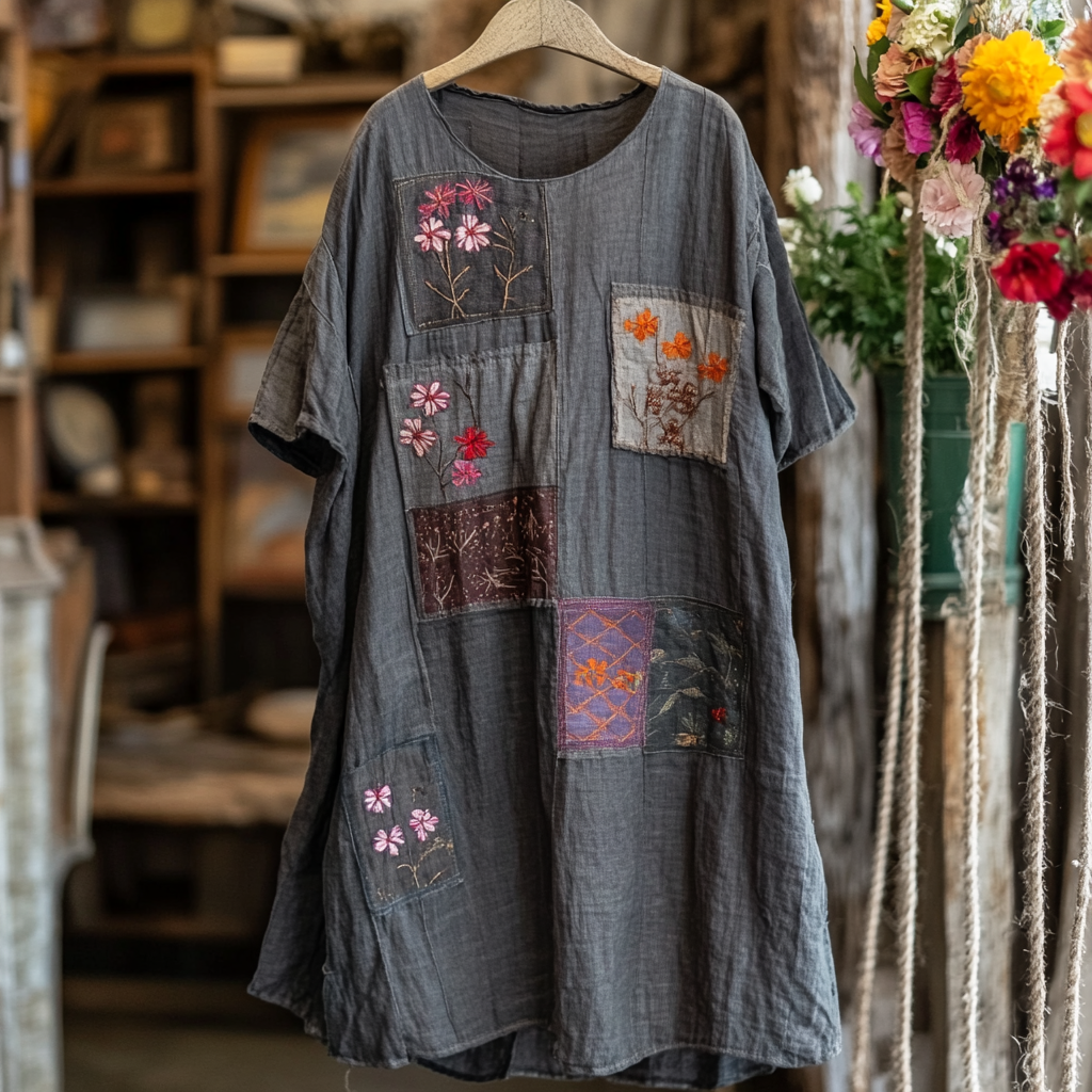 Comstylish Elegant And Fashionable Floral Patch Cotton And Linen Women's Dress