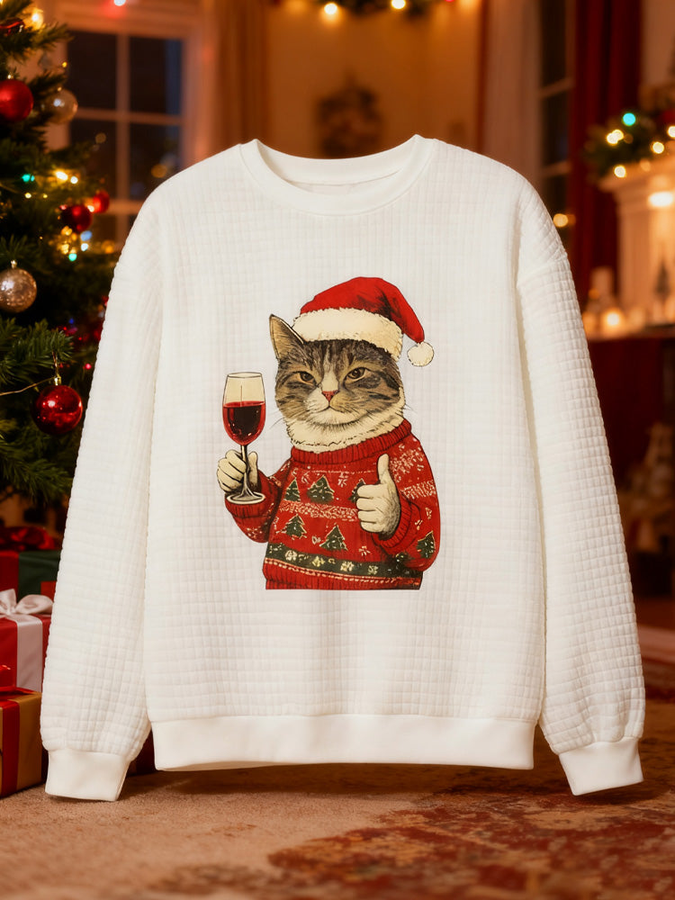 Comstylish Japanese Art Christmas Black Cat Print Waffle Sweatshirt