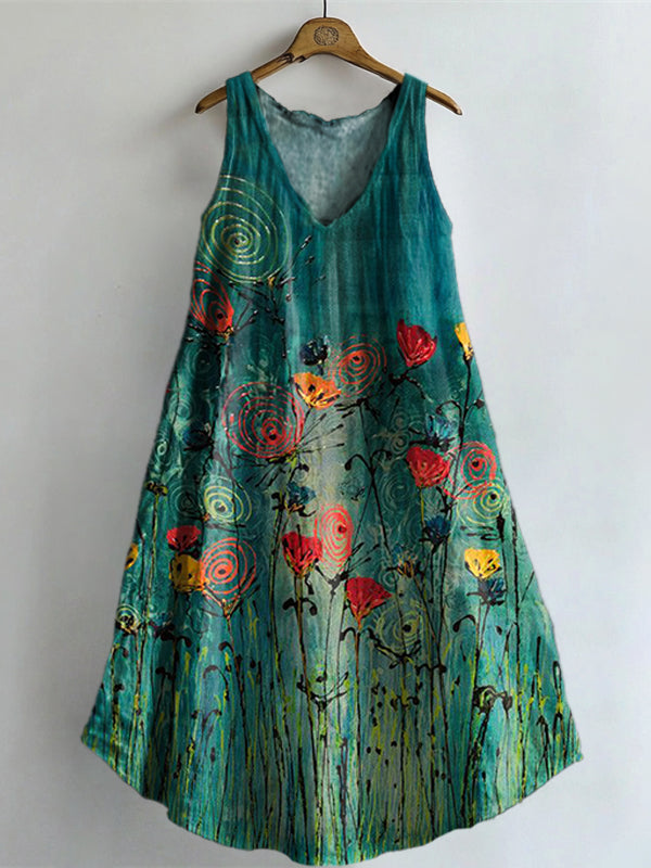 Women's Floral Art Print V-Neck Pocket Cotton Dress