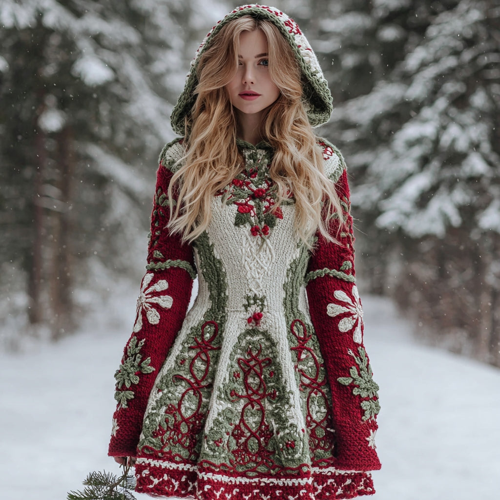 Celtic Knot Christmas Flower Holly Berry Jacquard Chunky Hooded Midi Dress artswardrobe