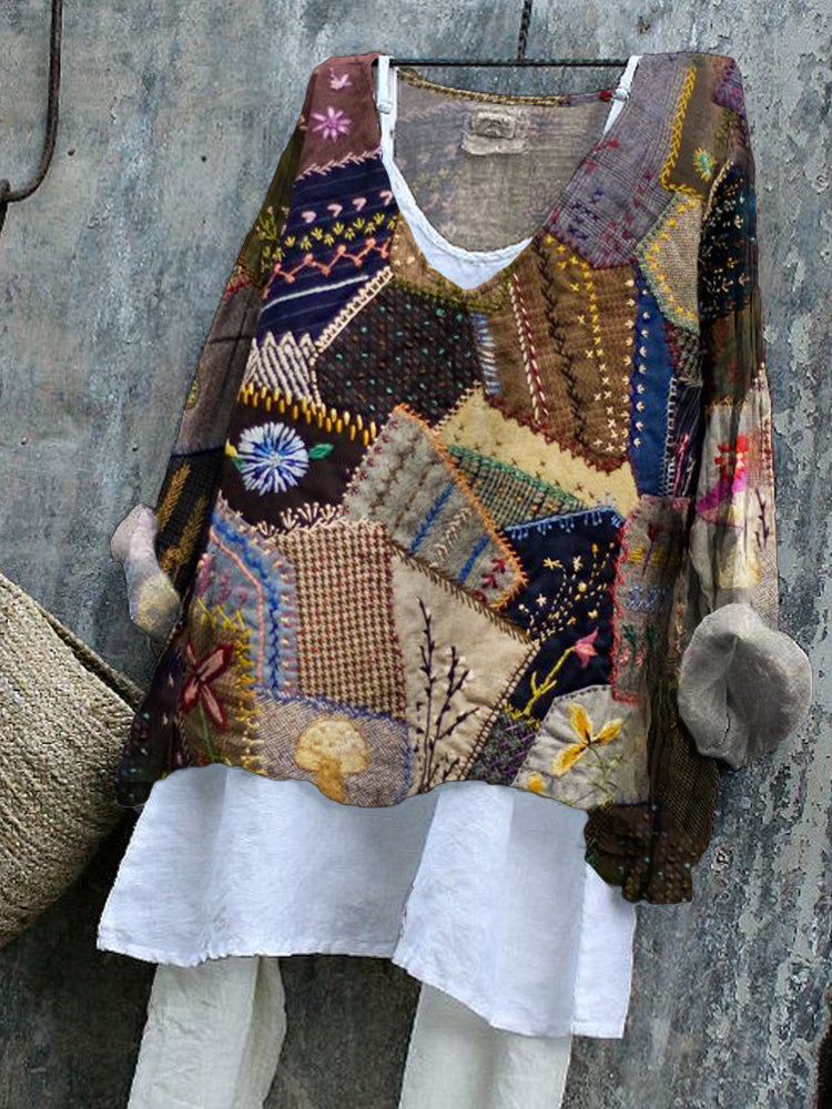 Comstylish Geometric Stitching Pattern Vintage Women's Linen Shirt