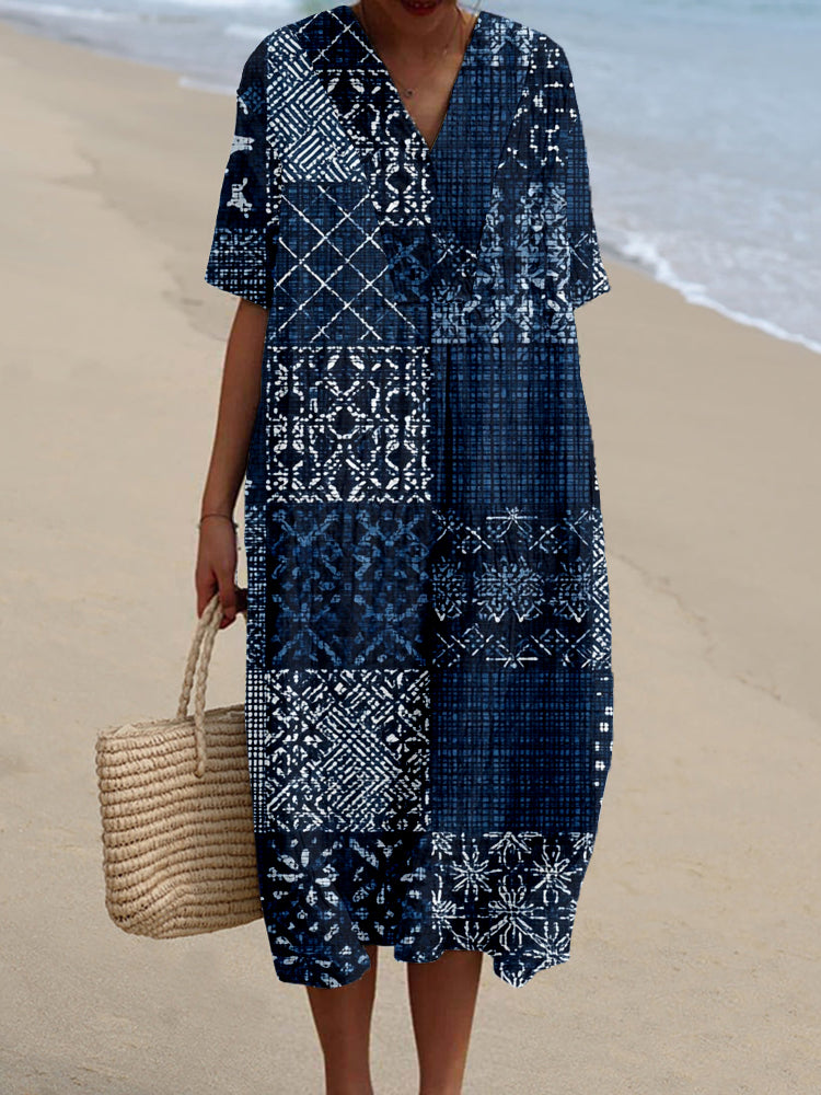 Comstylish Vintage Japanese Sashiko Patchwork Linen Midi Dress