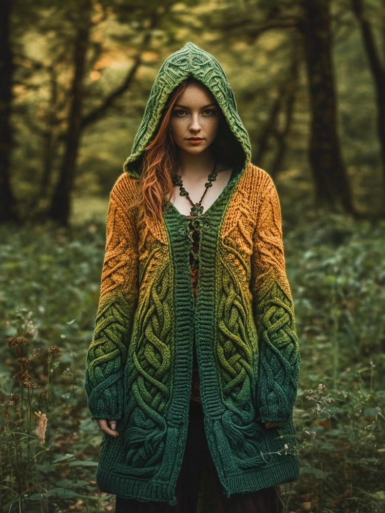 Vintage Celtic Knot Gradient Embroidery Women's Hooded Cardigan artswardrobe