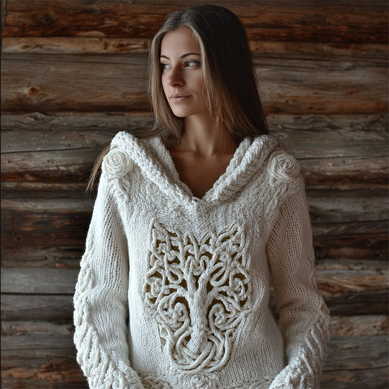 Comstylish White Roses Tree Of Life Celtic Cozy Knit Hooded Sweater