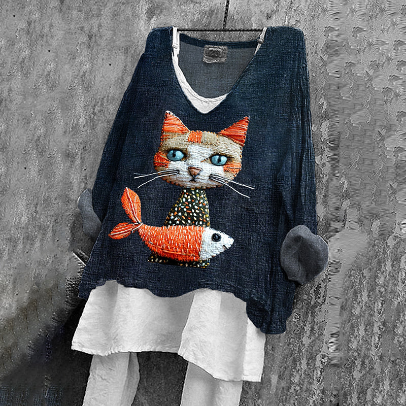 Comstylish Women's Cat And Koi Art Print V-neck Shirt