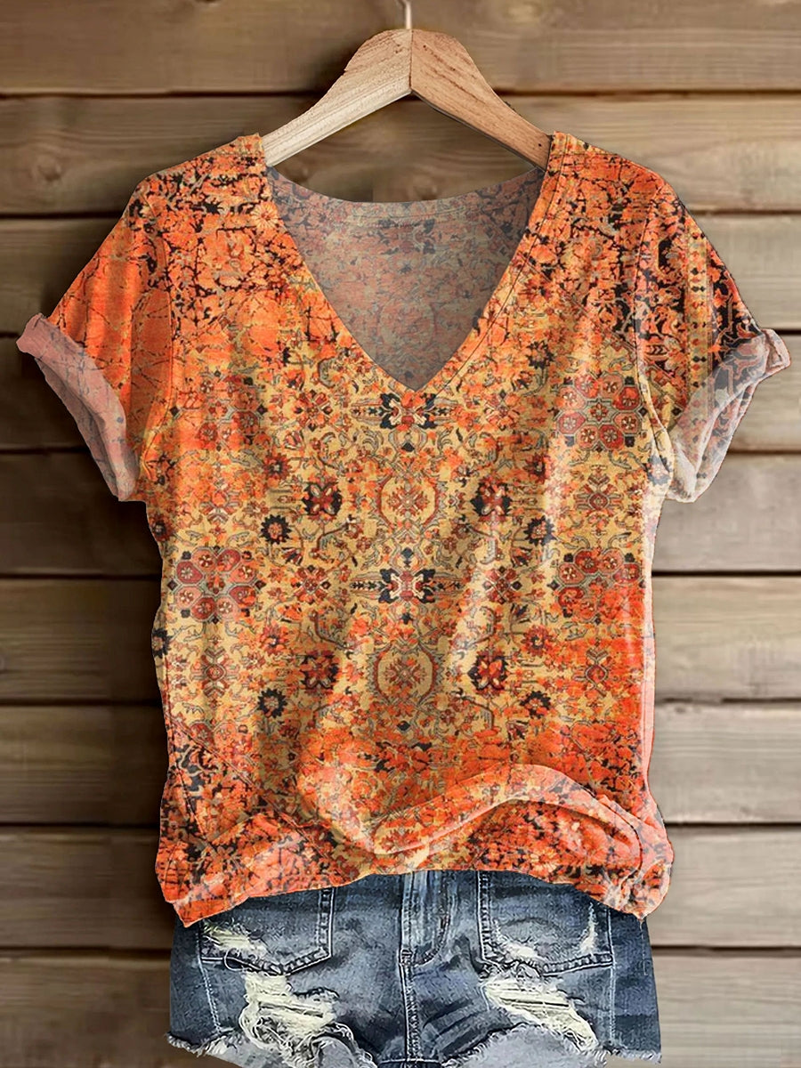 Women's Retro Ethnic Totem Print V-Neck Short Sleeve Cotton T-Shirt