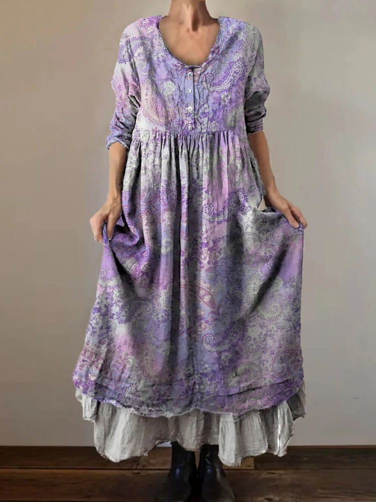 Women's Art Floral Hippie Vintage Print V Neck Dress