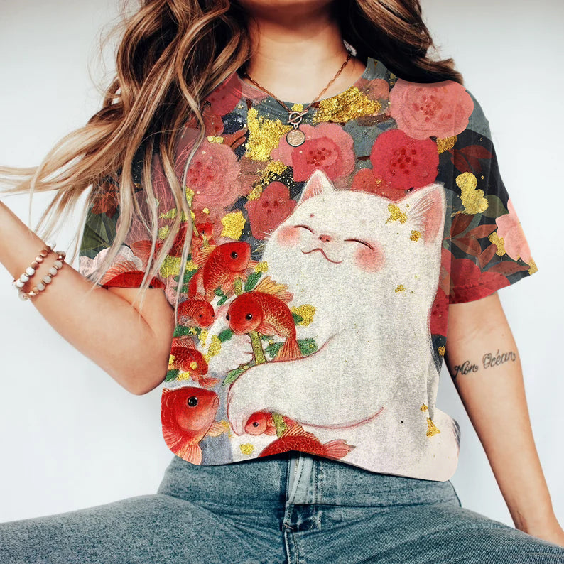 Cute Cat Holding Carp Floral T-shirt elevenforest