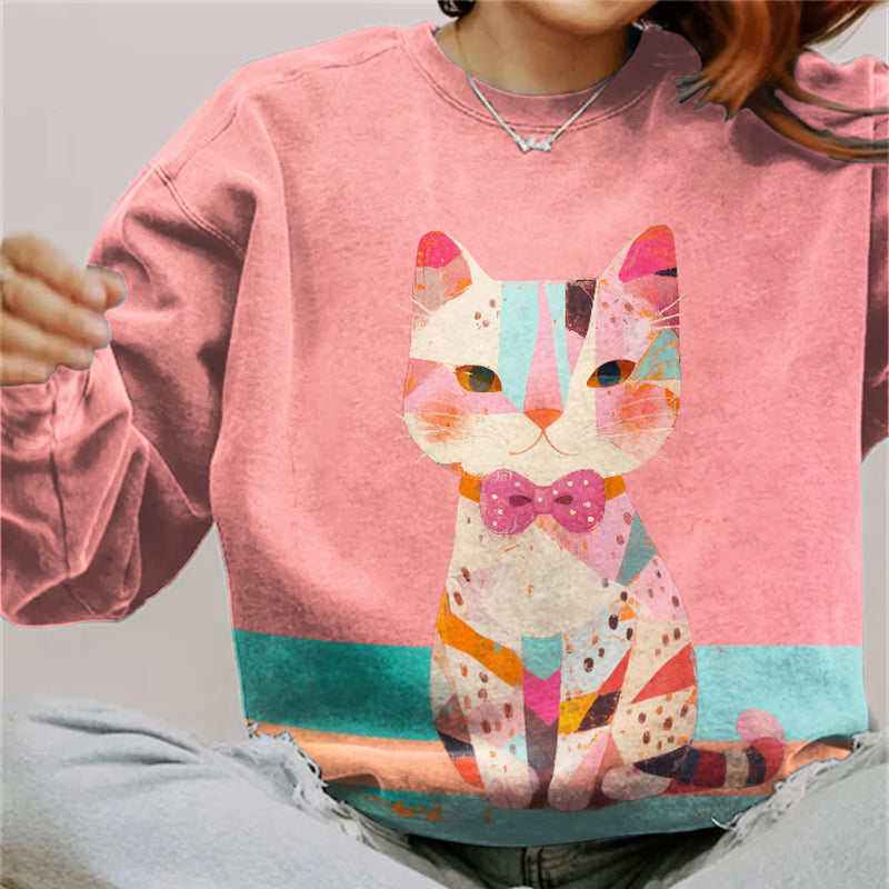 Comstylish Abstract Creative Pink Cool Cat Painting Art Print Sweatshirt