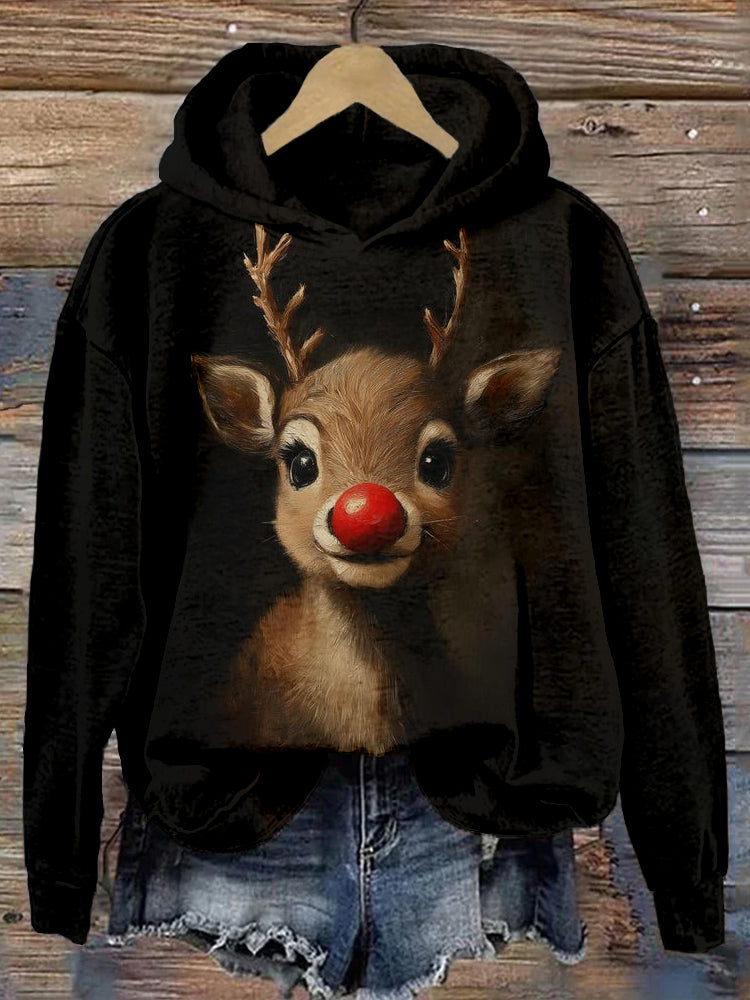 Comstylish Vintage Rudolph Reindeer Oil Painting Art Cozy Hoodie