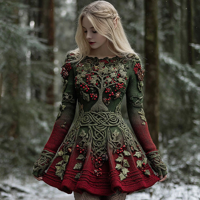 Women's Christmas Holly Leaves Life Of Tree Gradient Celtic Knitted Midi Dress artswardrobe