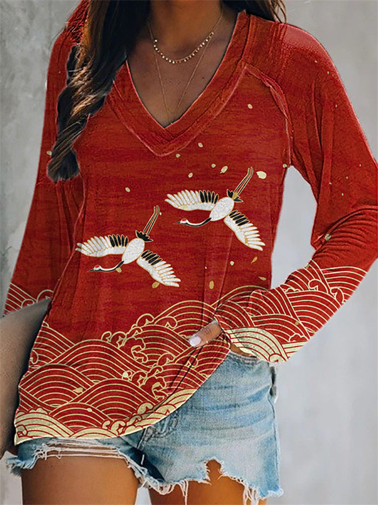Comstylish Japanese Art Waves Print Casual V-Neck Long Sleeve T-Shirt