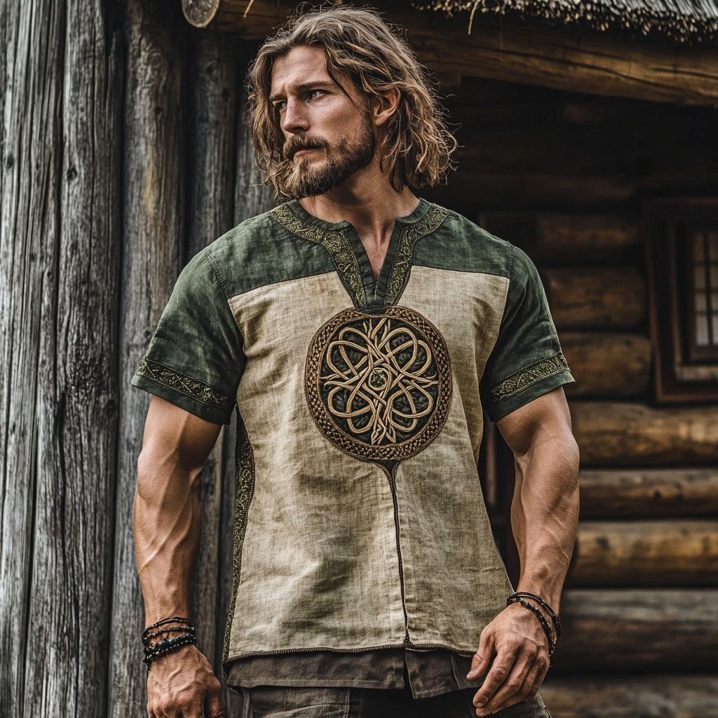 Men's Viking Tribal Celtic Patchwork Art Linen Shirt artswardrobe