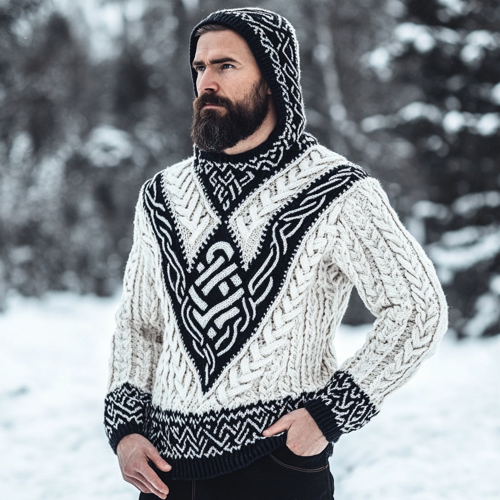 Men's Viking Celtic Contrast Cozy Knit Hooded Sweater artswardrobe