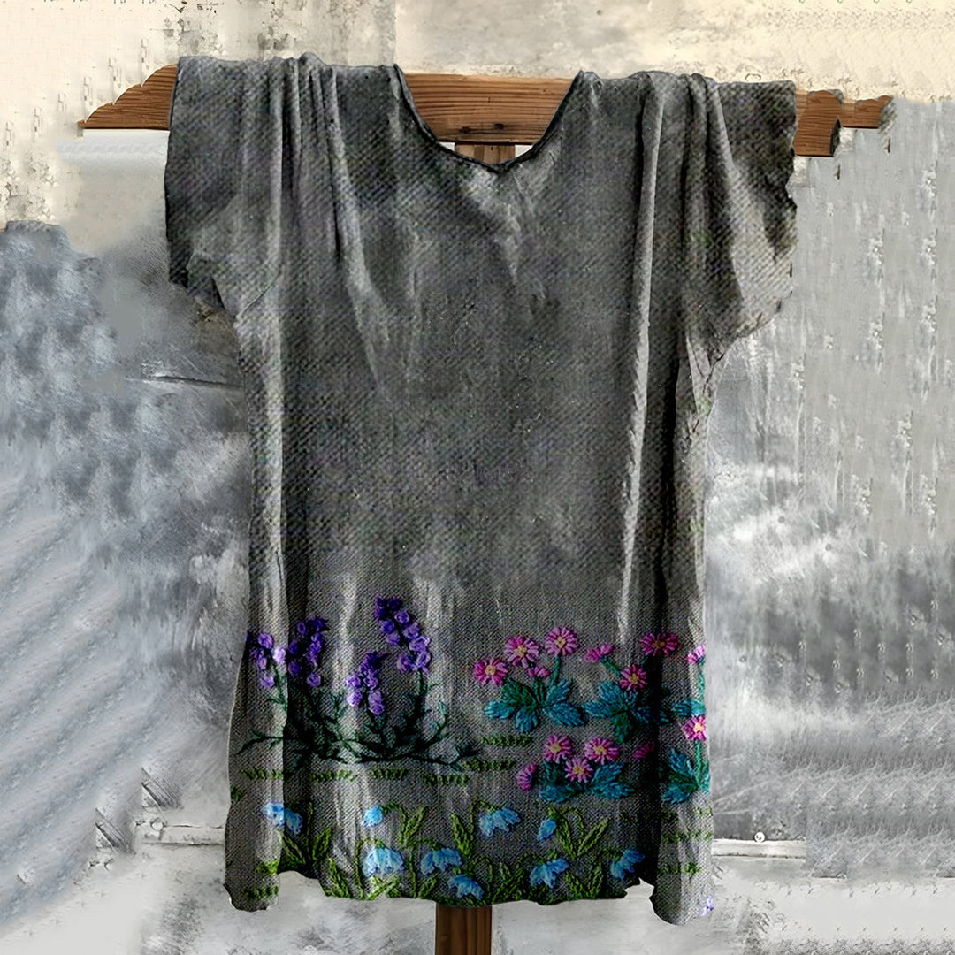 Comstylish Vintage Bohemian Embroidered Floral Cotton T-shirt