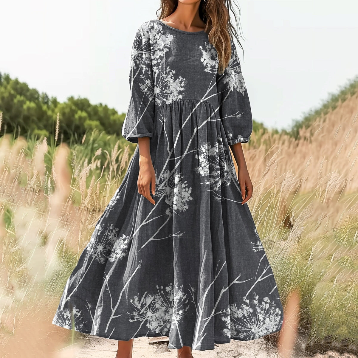 Women's Floral Art Print Cotton Crew Neck Dress
