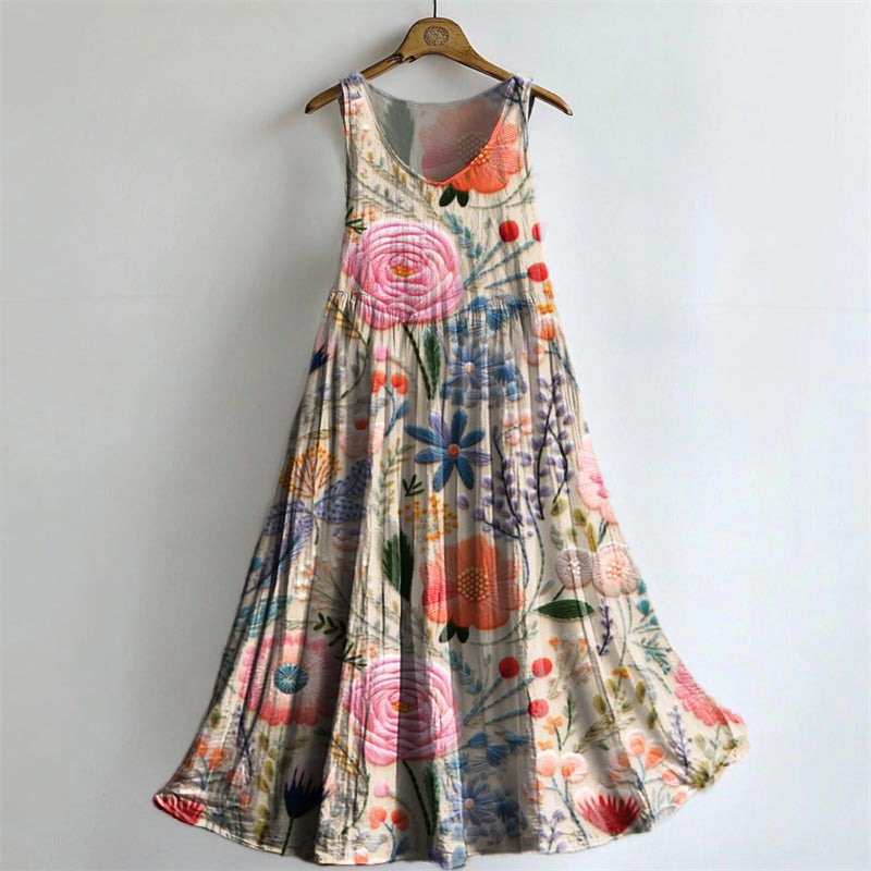 Women's Bohemian Floral Art Print Sleeveless Cotton Pocket Dress