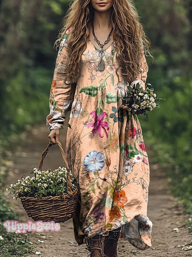 Women's Retro Bright Color Floral Art Print Pocket Cotton Dress