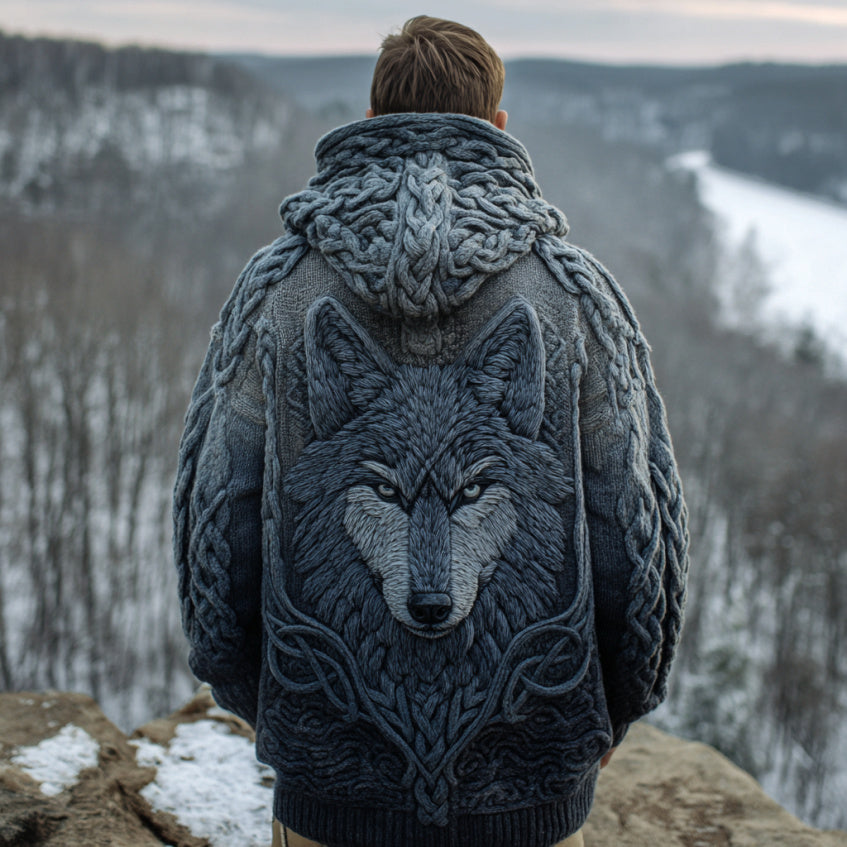 Men's Viking Wolf Style Celtic Thick Zip-up Cardigan Sweater artswardrobe