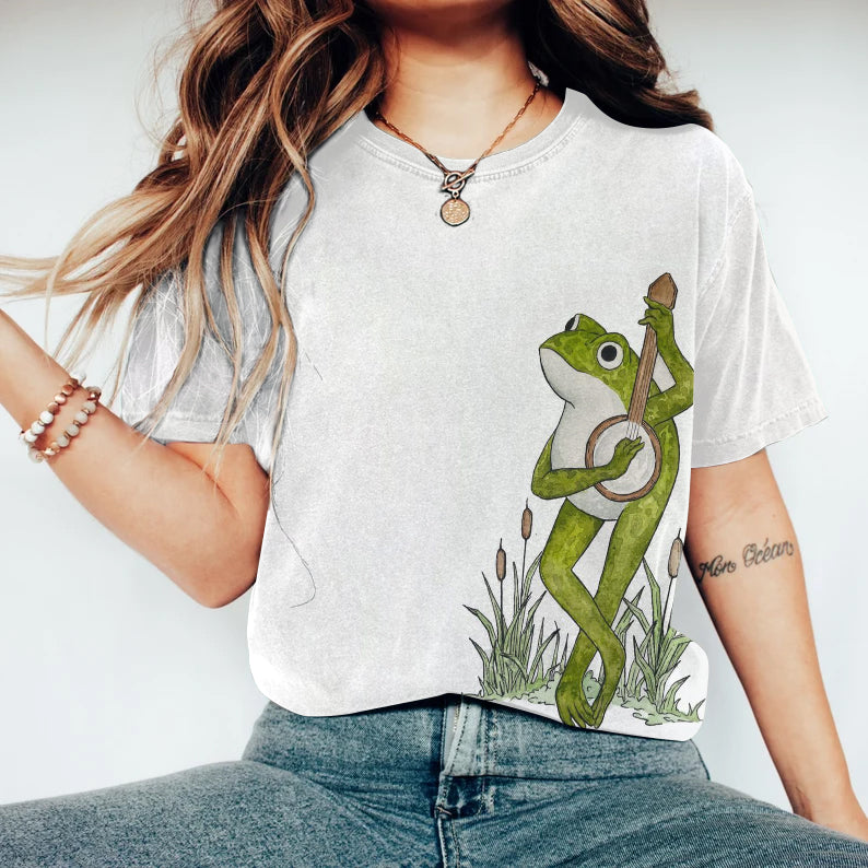 Comstylish Funny Playing Guitar Frog Embroidery Pattern Cozy Vintage T-Shirt