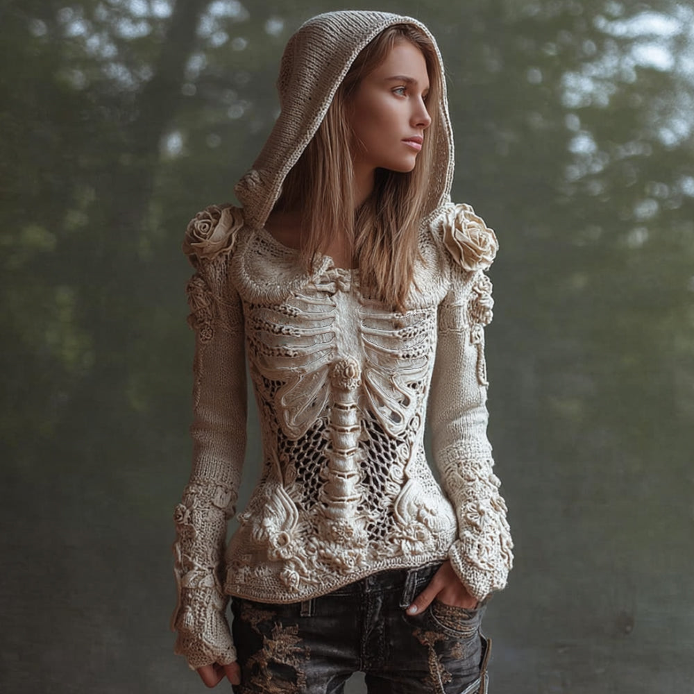 Comstylish Women's Halloween Skeleton 3d Rose White Sweater