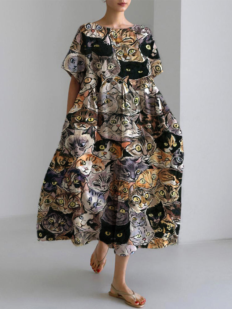 Comstylish Women's Casual Vintage Farm Cats Print Dress